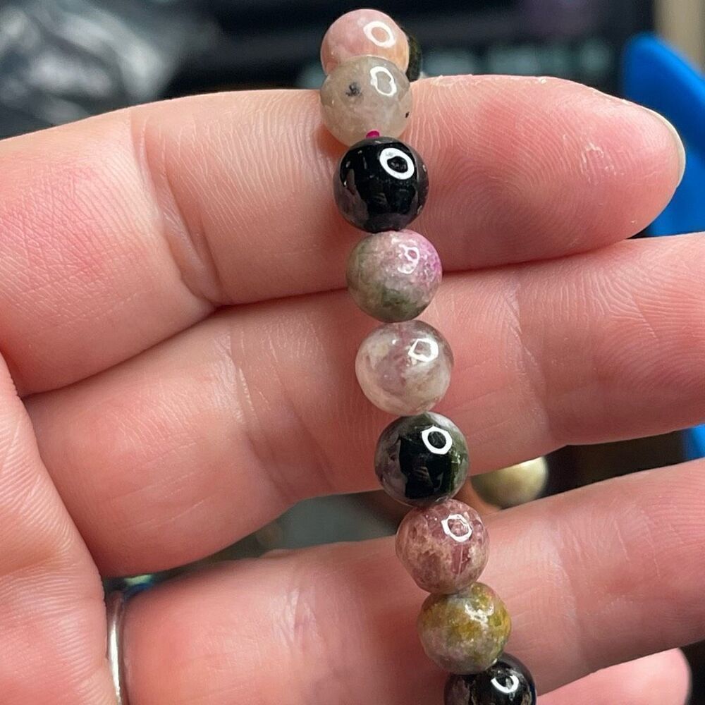 Pink Green Black Tourmaline beaded stretch bracelet ONE NEW reiki meditation cry